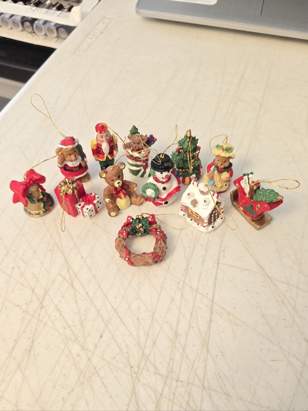 Lot of 12 Resin Miniature Christmas Ornaments Snowman Teddy Bear Nutcracker